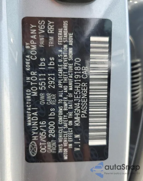 2017 Genesis G80 Base from USA, damaged, VIN KMHGN4JE5HU191870